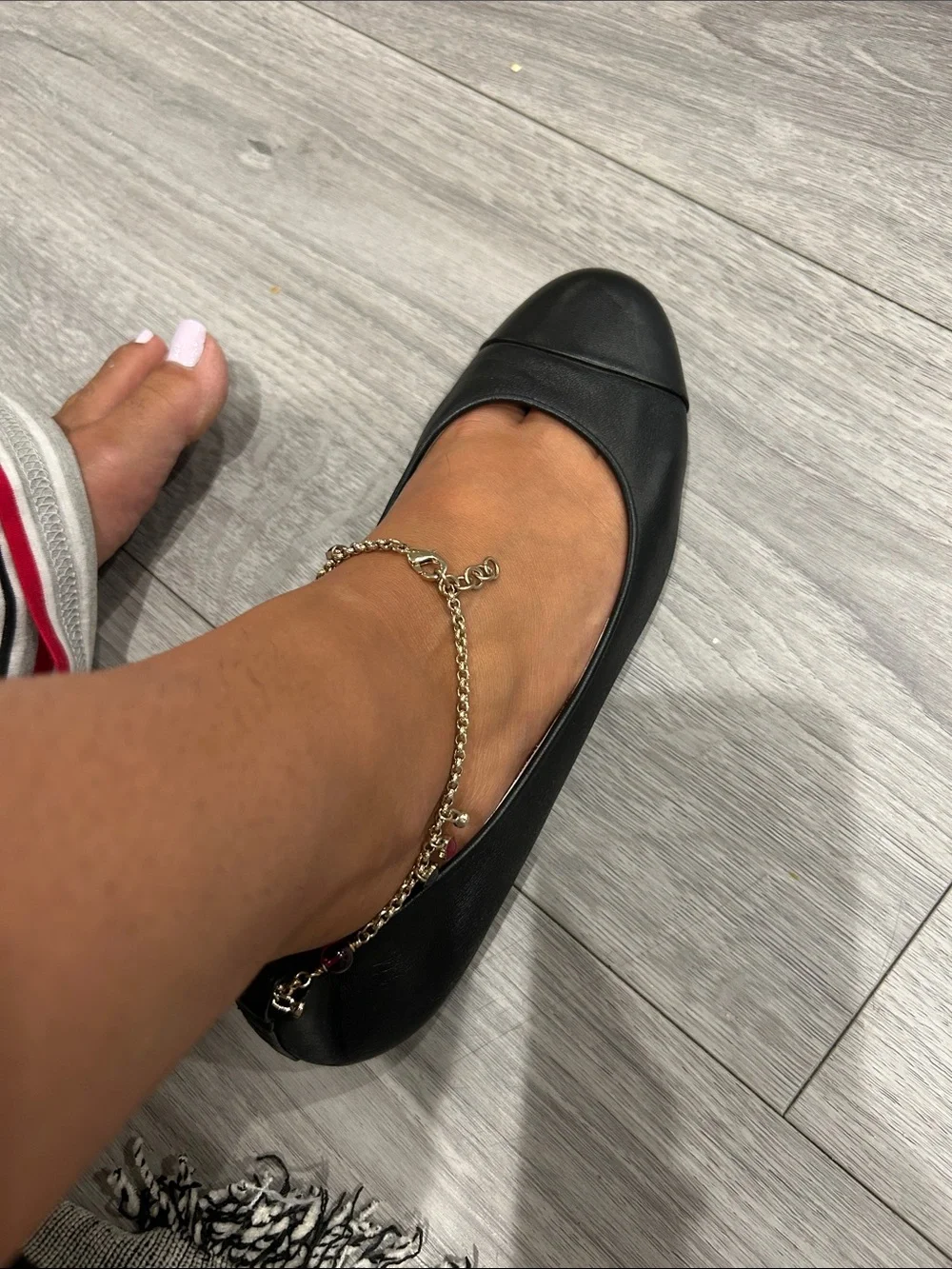 CHANEL Vintage Black Ballet Flat with Gold Beaded Anklet Chain Eu 40